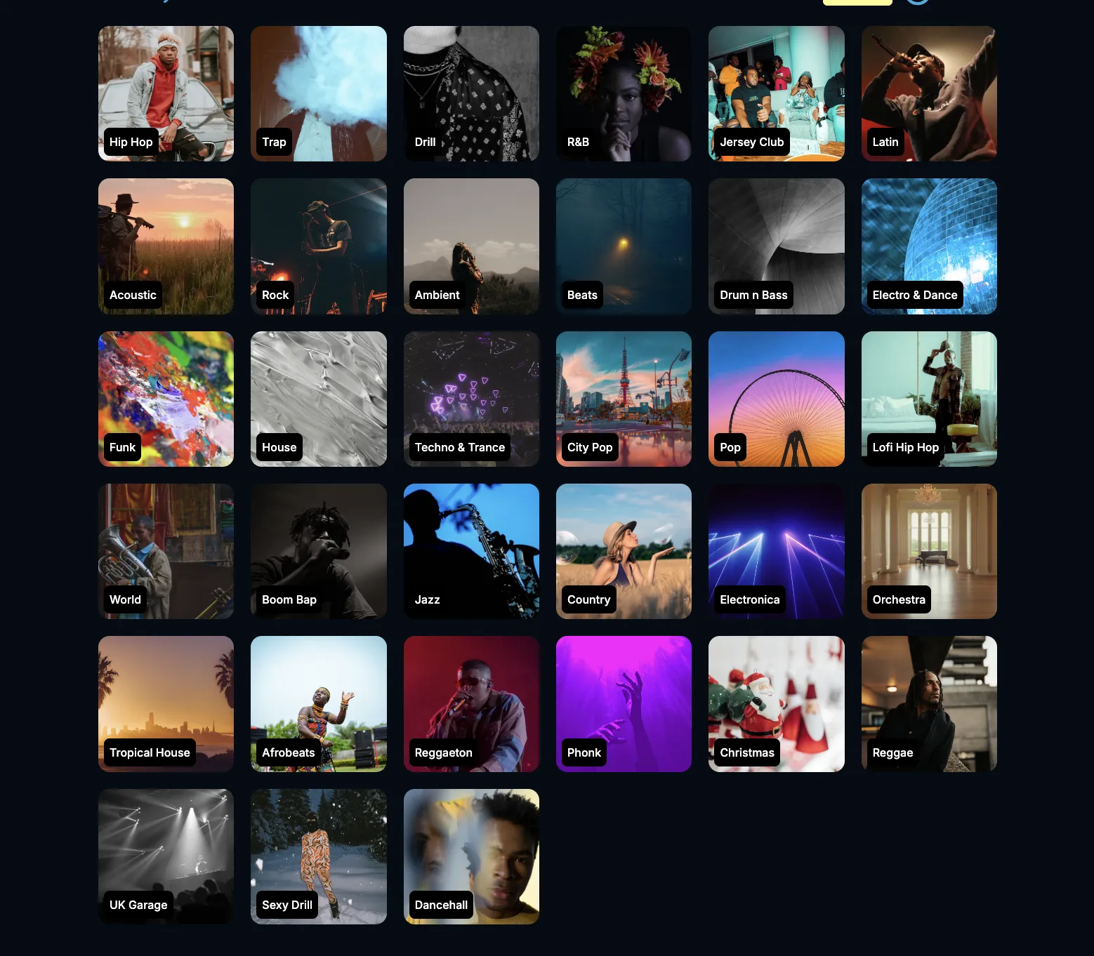Soundraw's genre selection grid showing 30+ visual genre cards