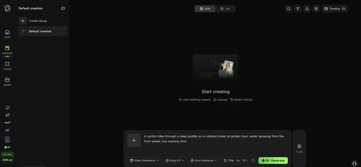 Kling's app with Kling 4.0 at 720p and 5 seconds, the Generate button at 50 credits and 66 free credits in the sidebar