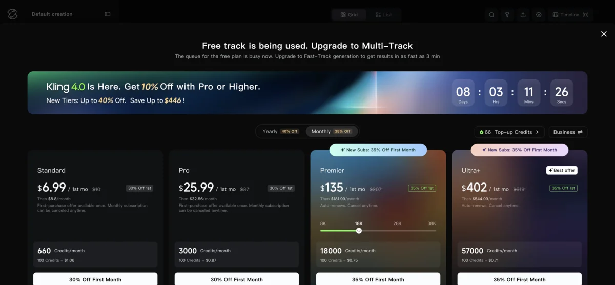 Kling AI refusing a free-plan job at midday, with the upgrade screen and the new Kling 4.0 plan tiers behind it
