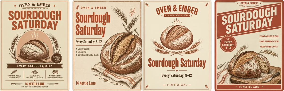 Four Canva Craft bakery posters for Oven & Ember, all reading Sourdough Saturday, Every Saturday 8–12, 14 Kettle Lane