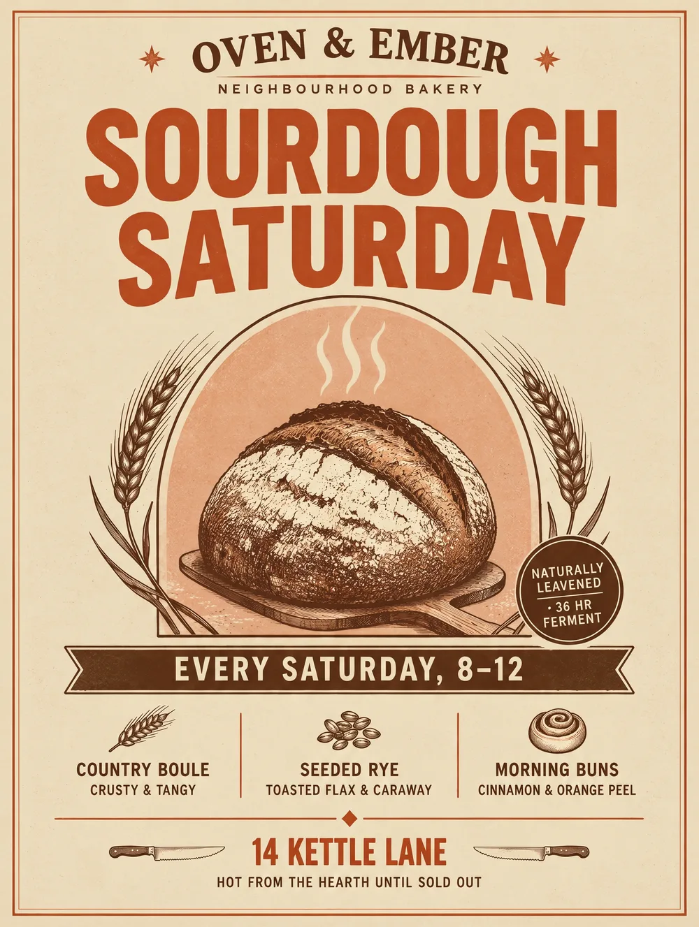 Canva Craft poster close-up: Oven & Ember, Sourdough Saturday, Every Saturday 8–12, 14 Kettle Lane, with an invented 36 hr ferment badge