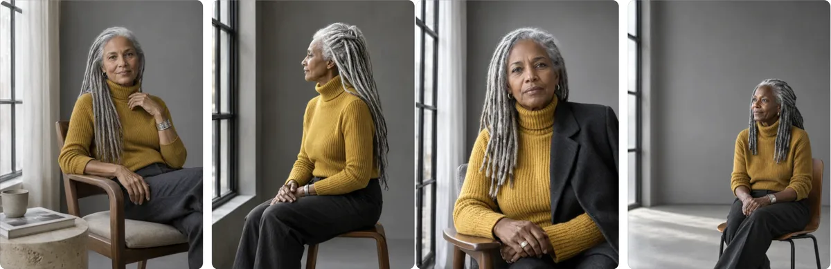 Four Canva Craft editorial portraits of a woman in her sixties with silver locs and a mustard turtleneck by a window