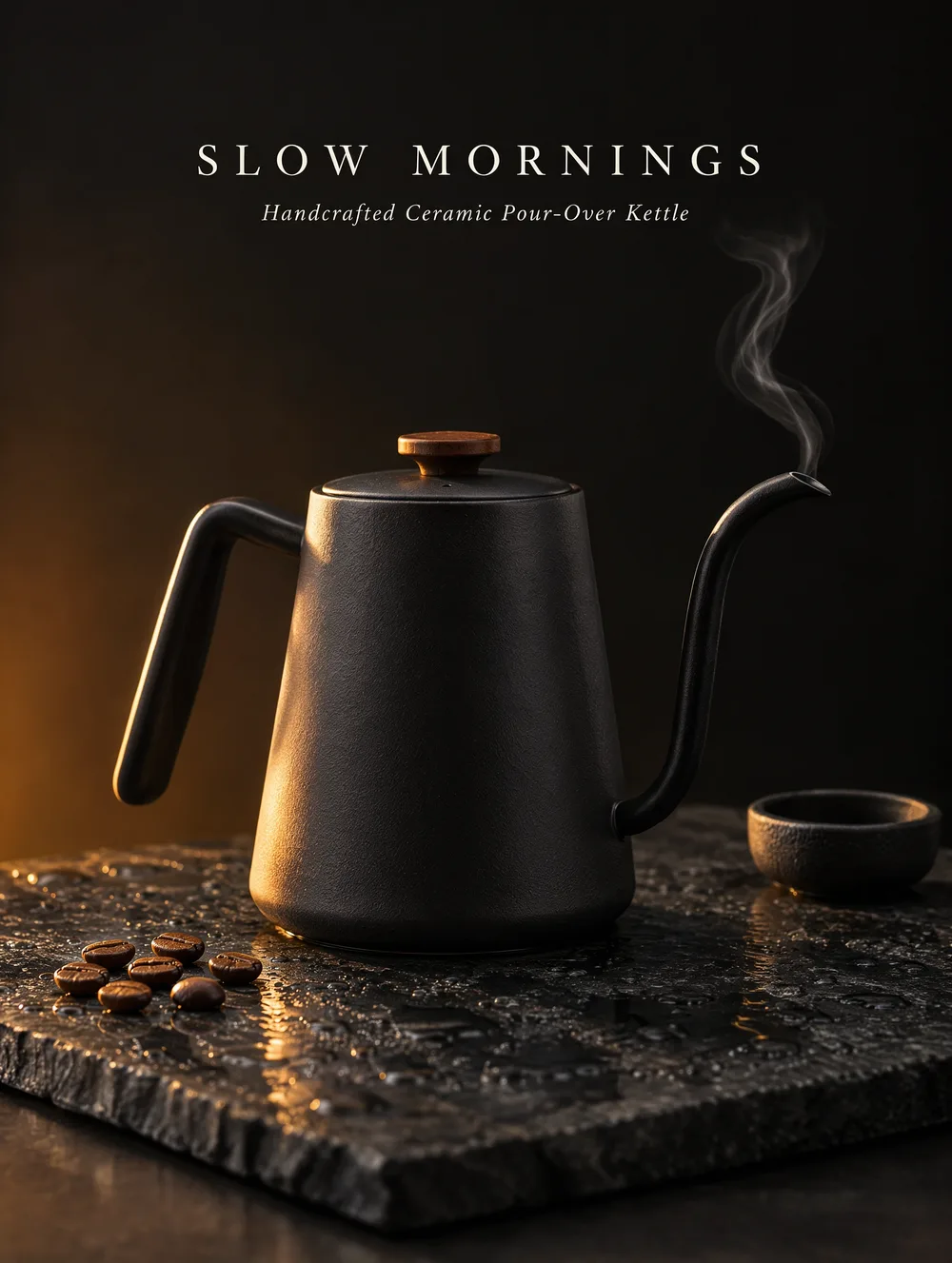 Canva Craft product shot of a matte black pour-over kettle on wet slate with an invented Slow Mornings headline