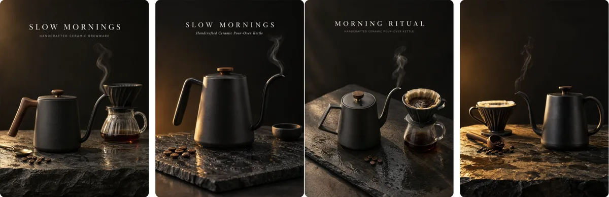Four Canva Craft kettle product shots, three with invented headlines, one with the top left empty