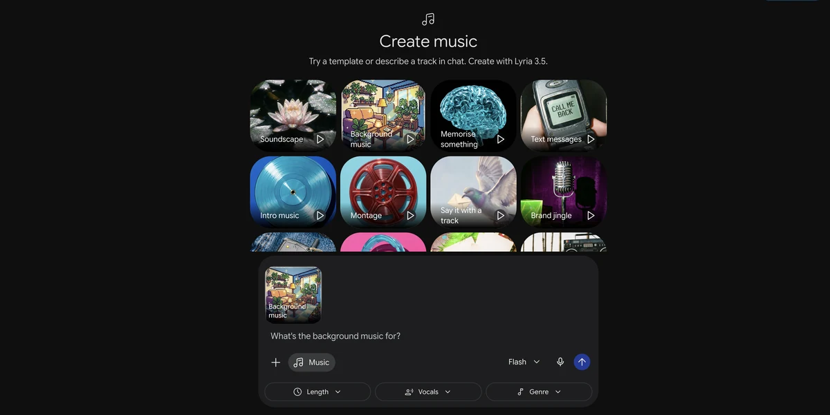 Écran Create music de Gemini avec la grille de modèles Lyria 3.5 et la zone de prompt du modèle Background music