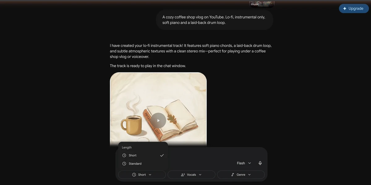 Menu Durée ouvert dans Gemini, montrant les options Short et Standard pour un morceau Lyria 3.5 sur un compte gratuit