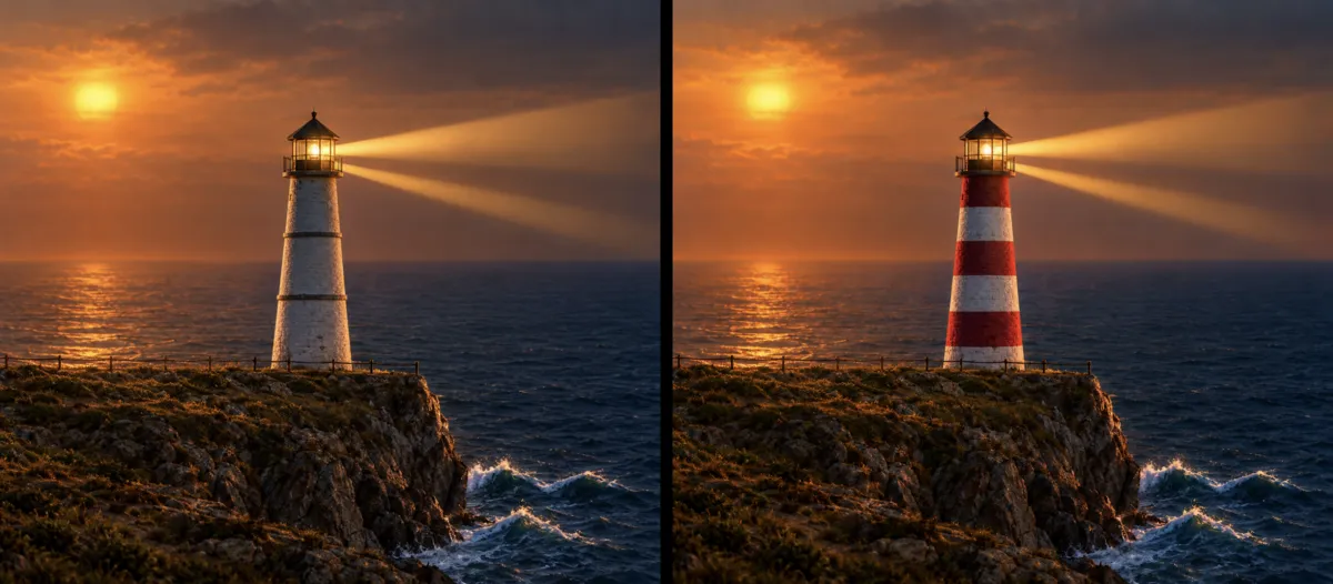 Resultados de ChatGPT Images 2.5 en paralelo: el faro blanco generado a partir del boceto y la misma escena después de que un comentario pidiera rayas rojas y blancas