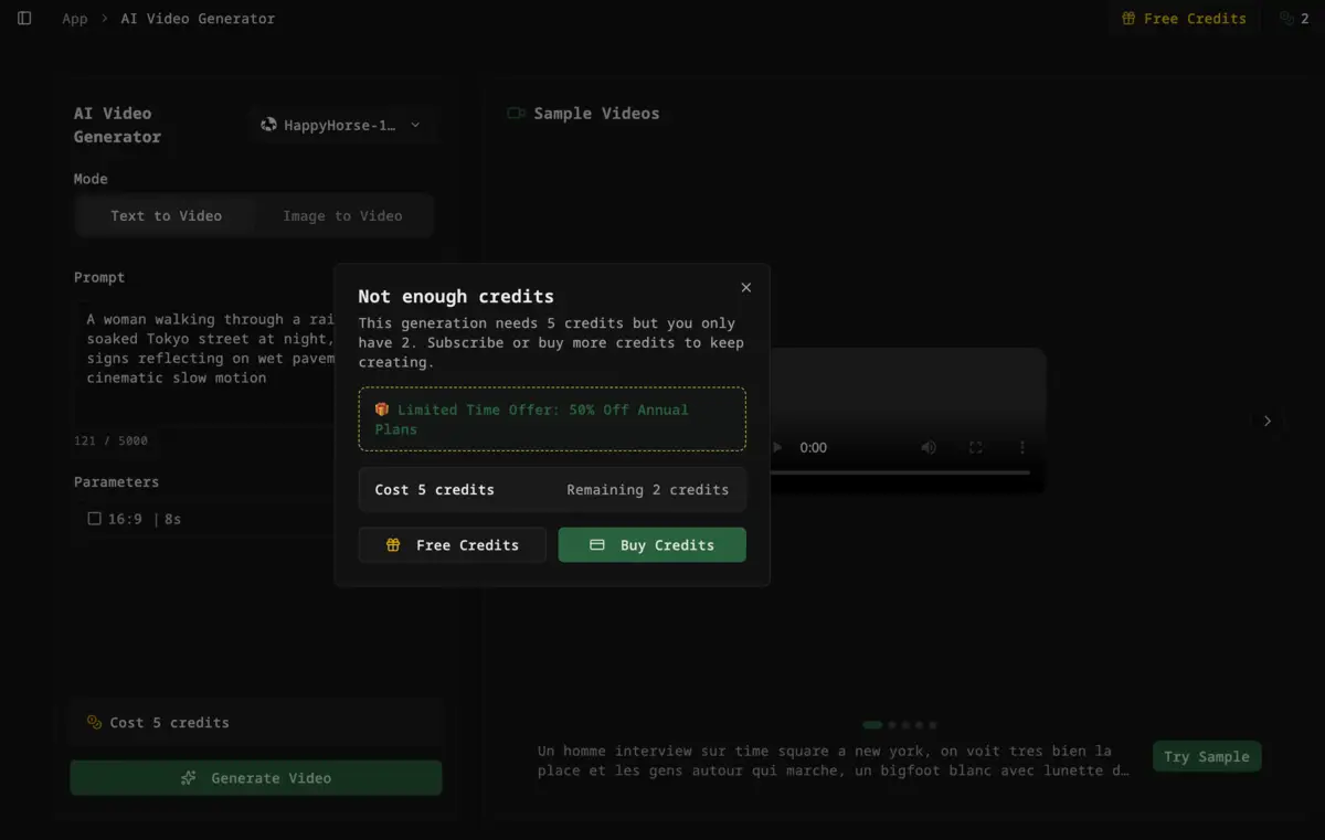 HappyHorse AI Video Generator interface showing a "Not enough credits" error — free accounts get 2 credits but generating one video with the HappyHorse-1 model requires 5