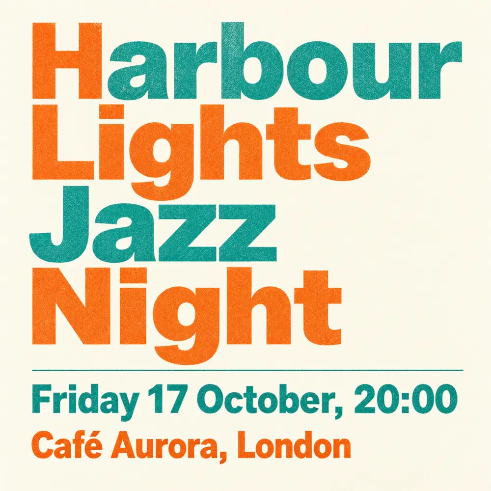 Póster risografía de Qwen Image 2.1: Harbour Lights Jazz Night, Friday 17 October, 20:00, Café Aurora, London