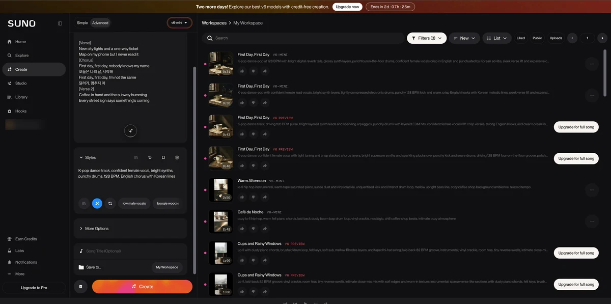 Suno Advanced mode on a free account with custom lyrics entered and the resulting 31-second v6-mini songs