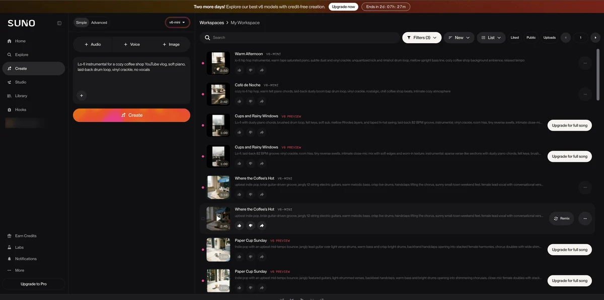 Suno library on a free account showing two v6-mini songs and two locked v6 preview clips from each of two generations