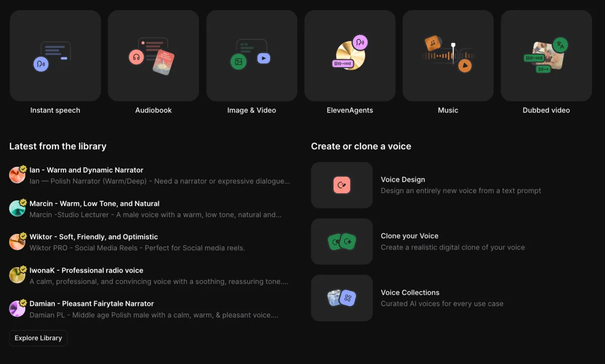 ElevenCreative dashboard showing Instant speech, Audiobook, Image and Video, Music, and Dubbed video tools
