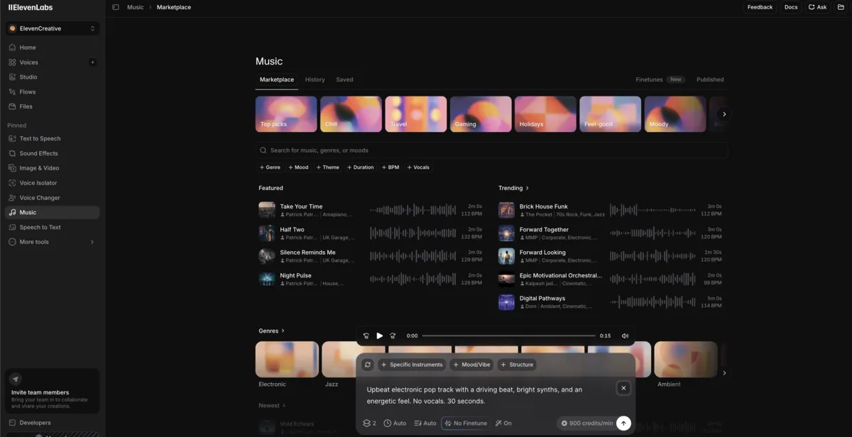 ElevenCreative music generation prompt requesting an upbeat electronic pop track