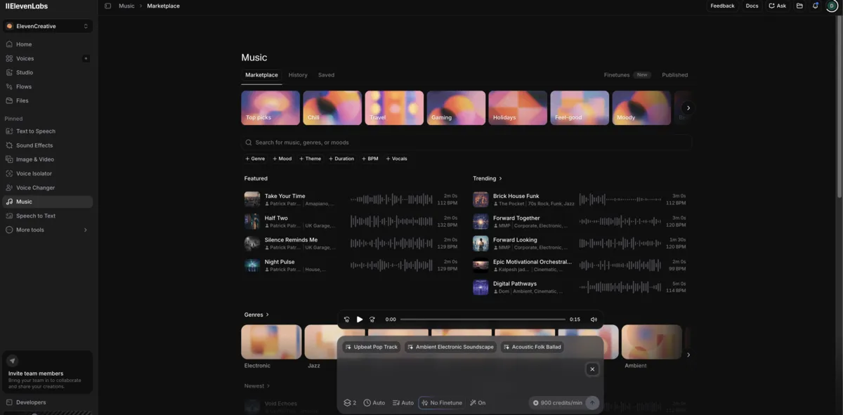 ElevenCreative Music Marketplace showing featured and trending tracks across genres