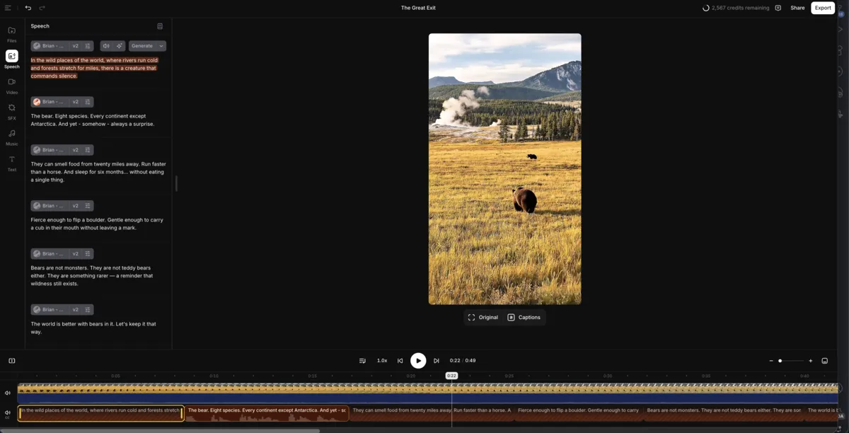ElevenCreative Studio timeline showing speech blocks, video preview, and caption track for a bear documentary project