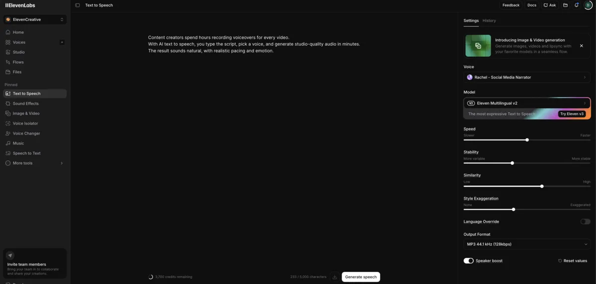 ElevenCreative Text to Speech interface with Rachel voice, model selection, and speech generation controls