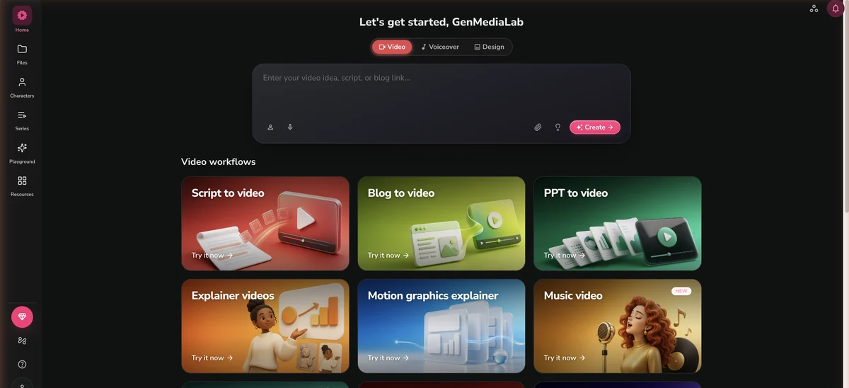 Fliki-Startbildschirm mit Script to video, Blog to video, PPT to video und weiteren Video-Workflows