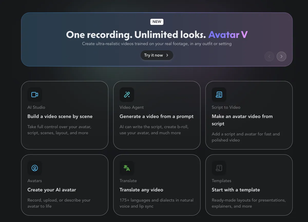 HeyGen dashboard showing the Avatar V banner and six creation modes: AI Studio, Video Agent, Script to Video, Avatars, Translate, and Templates