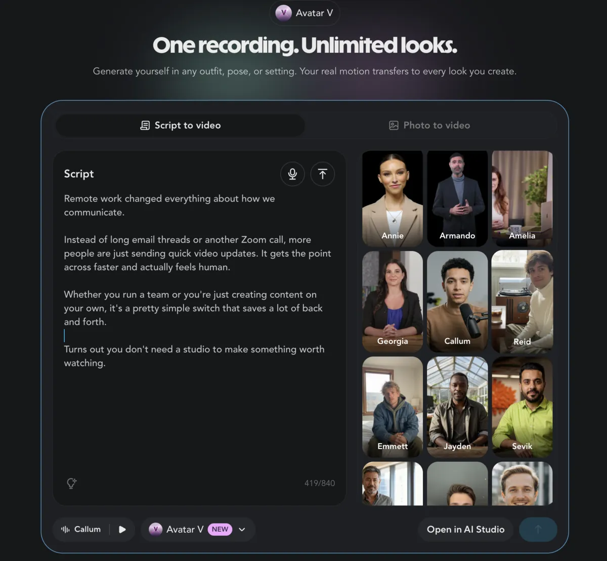 HeyGen Script to Video interface showing the script editor on the left, avatar selection grid on the right, and the Avatar V badge at the bottom
