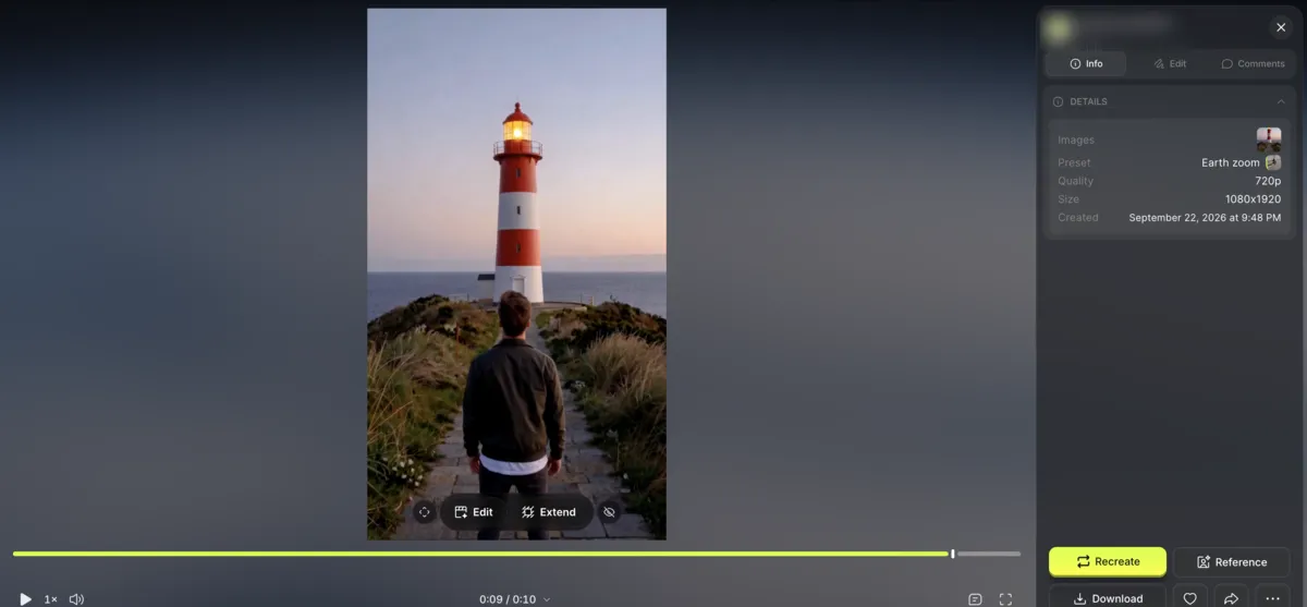 Último fotograma de Higgsfield Earth Zoom con el faro rojo y blanco y un hombre con chaqueta oscura que no está en mi imagen