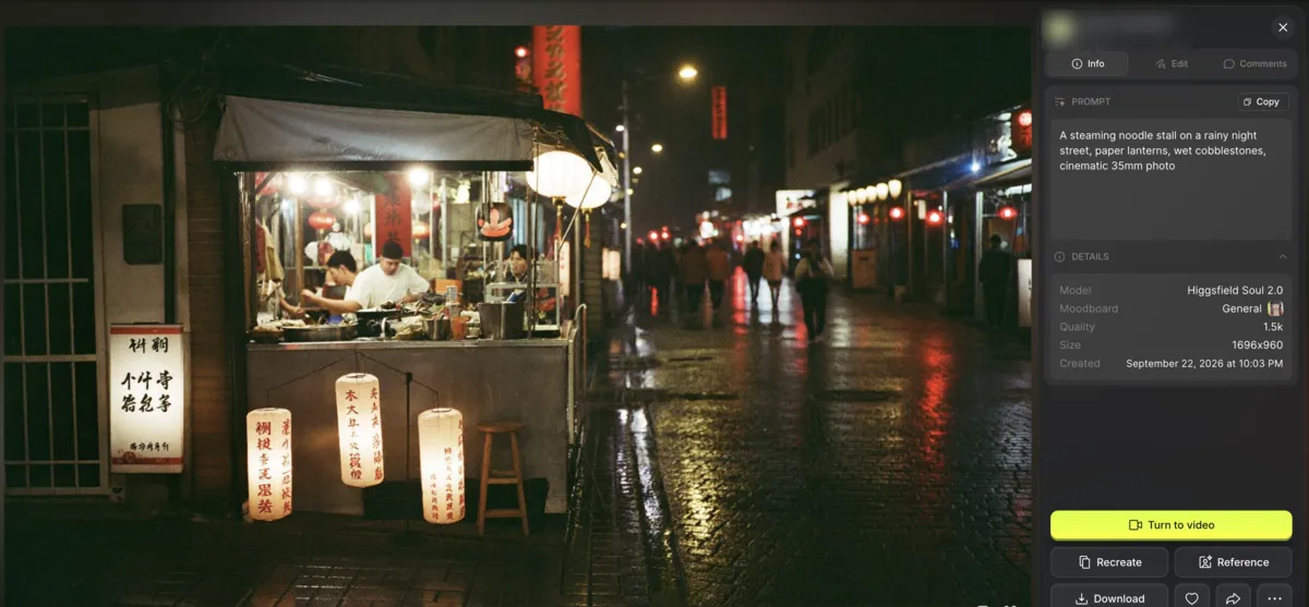 Higgsfield Soul 2.0: puesto de fideos en una calle nocturna lluviosa, con farolillos de papel y adoquines mojados