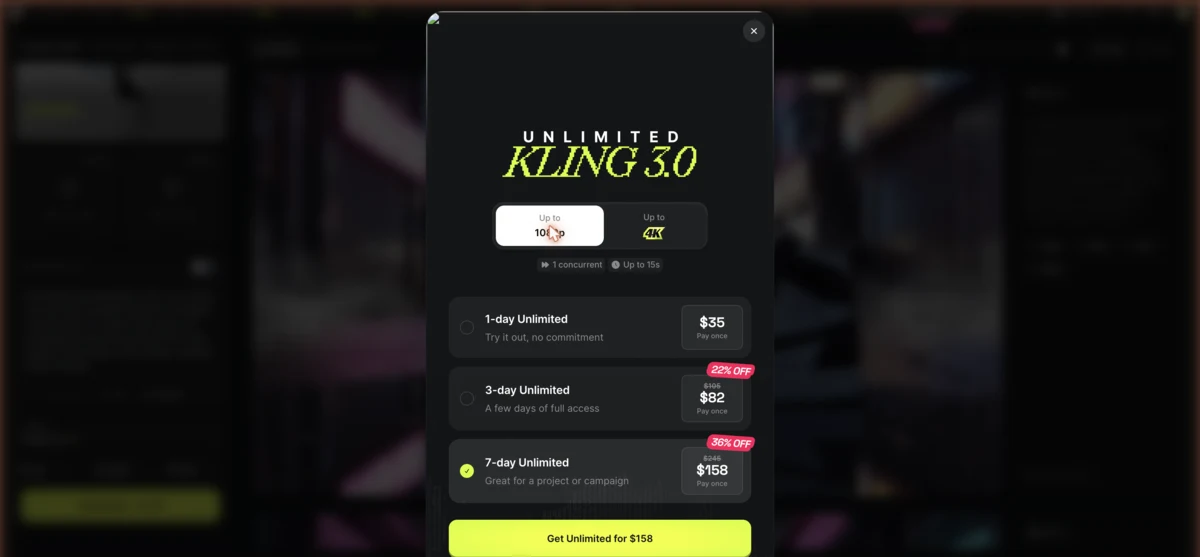 HiggsfieldのUnlimited Kling 3.0の購入案内。1日・3日・7日の3つの期間がそれぞれ$35、$82、$158