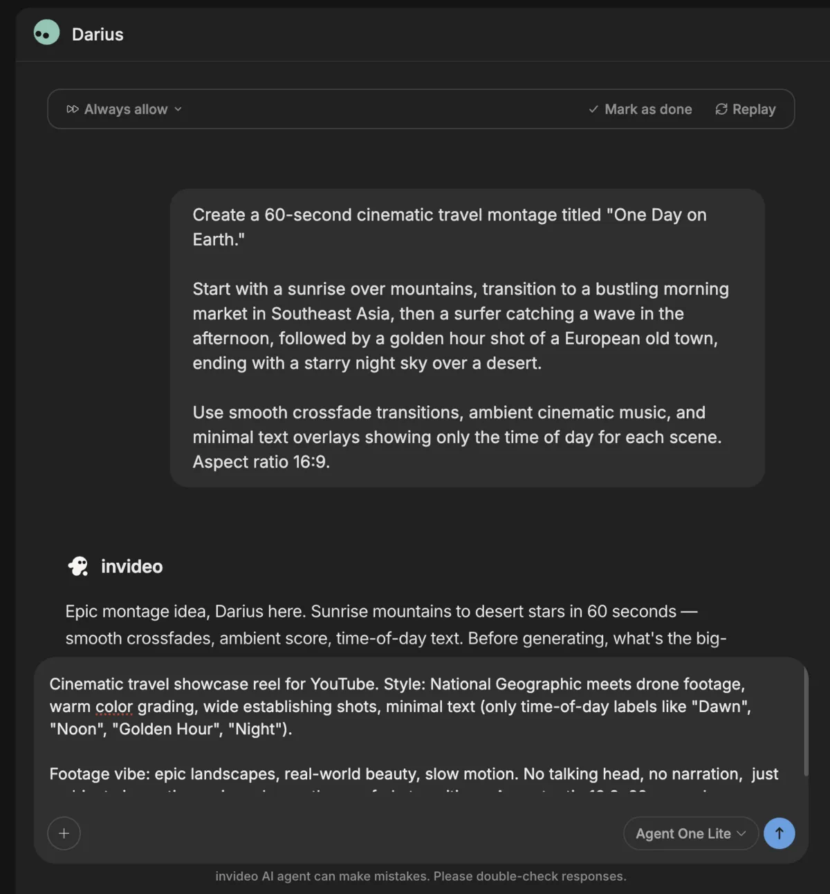 InVideo agent conversation showing a user prompt for a cinematic travel montage and InVideo's response with creative direction