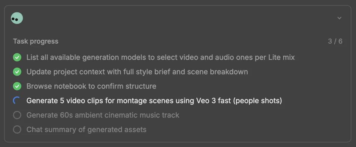 InVideo task progress showing 6-step generation pipeline: model selection, scene breakdown, notebook structure, Veo 3 clip generation, music generation, and asset summary