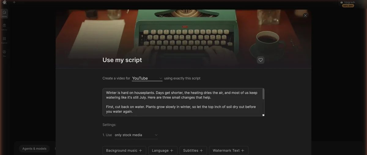 Diálogo Use my script de InVideo con el guion de las plantas pegado, formato YouTube y solo metraje de stock seleccionado