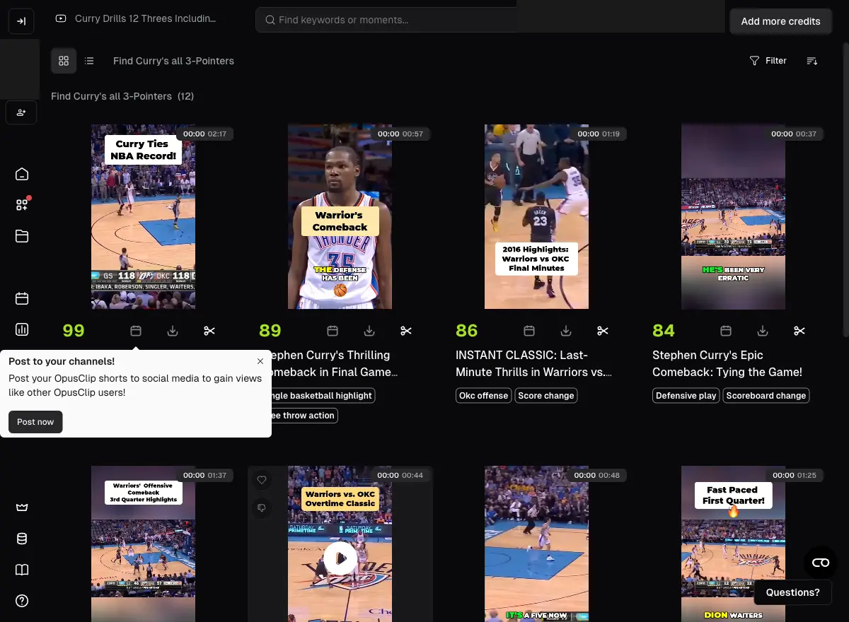Opus Clip ClipAnything results showing 12 generated clips with virality scores from 61 to 99
