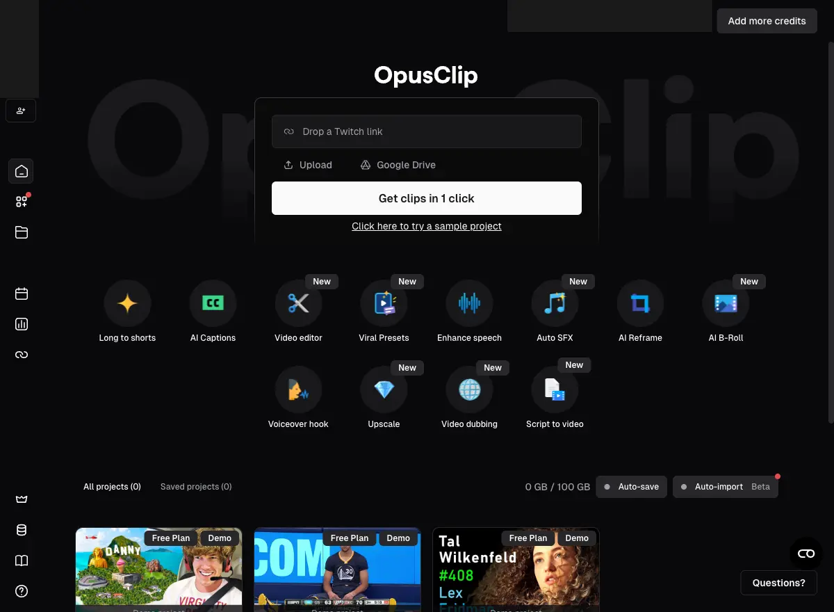 Opus Clip dashboard showing video upload field, AI feature tools, and demo projects