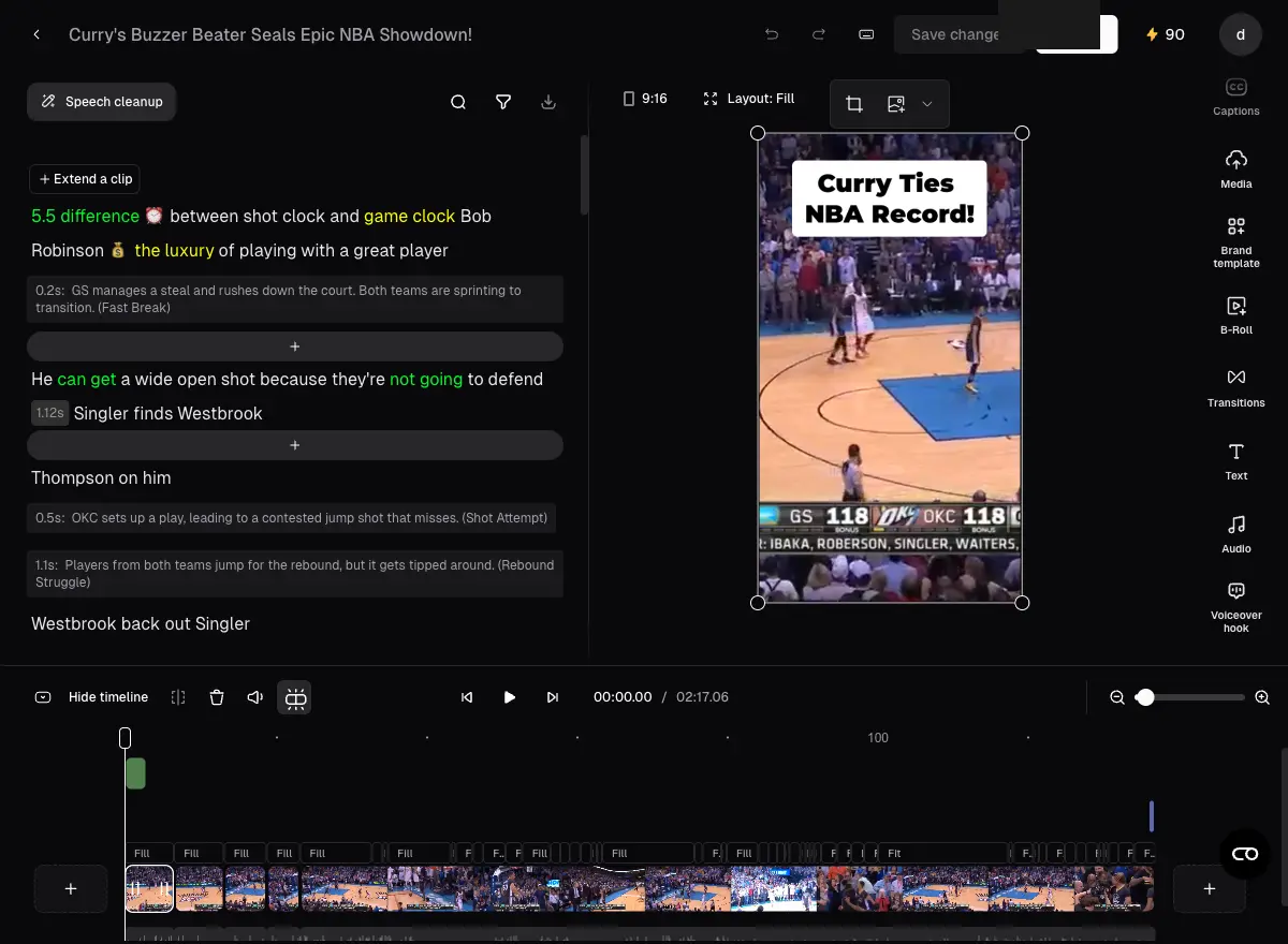 Opus Clip built-in editor with transcript panel, vertical video preview, and timeline