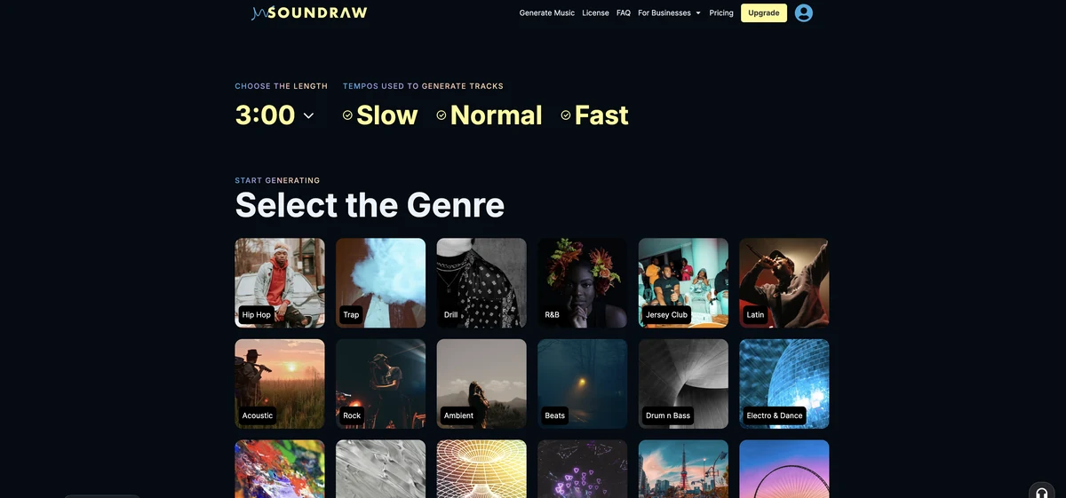 Générateur Soundraw avec réglages de durée et de tempo au-dessus de la grille de genres, du hip-hop à l’électro