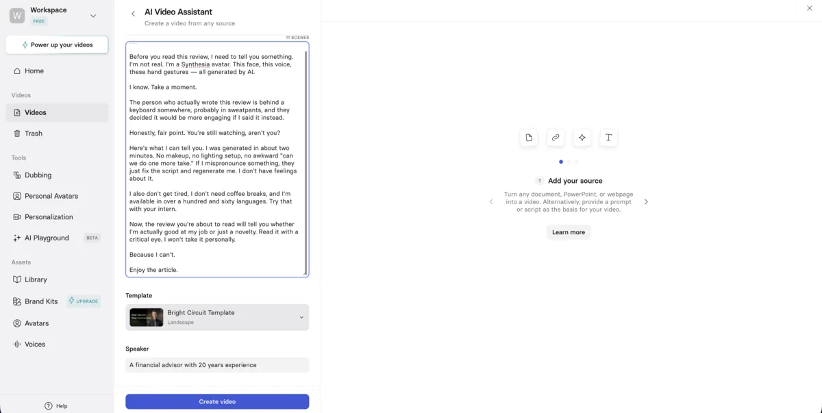 Synthesia AI Video Assistant interface showing script input, template selection, and create video button