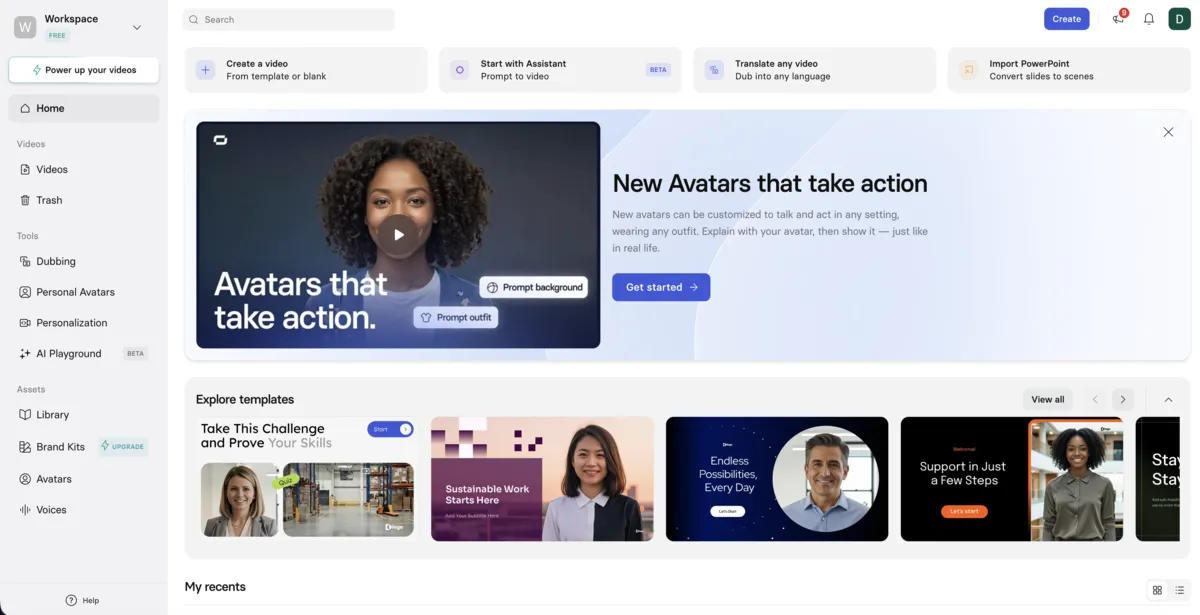 Synthesia 3.0 dashboard showing Express-2 avatar banner, template gallery, and navigation sidebar