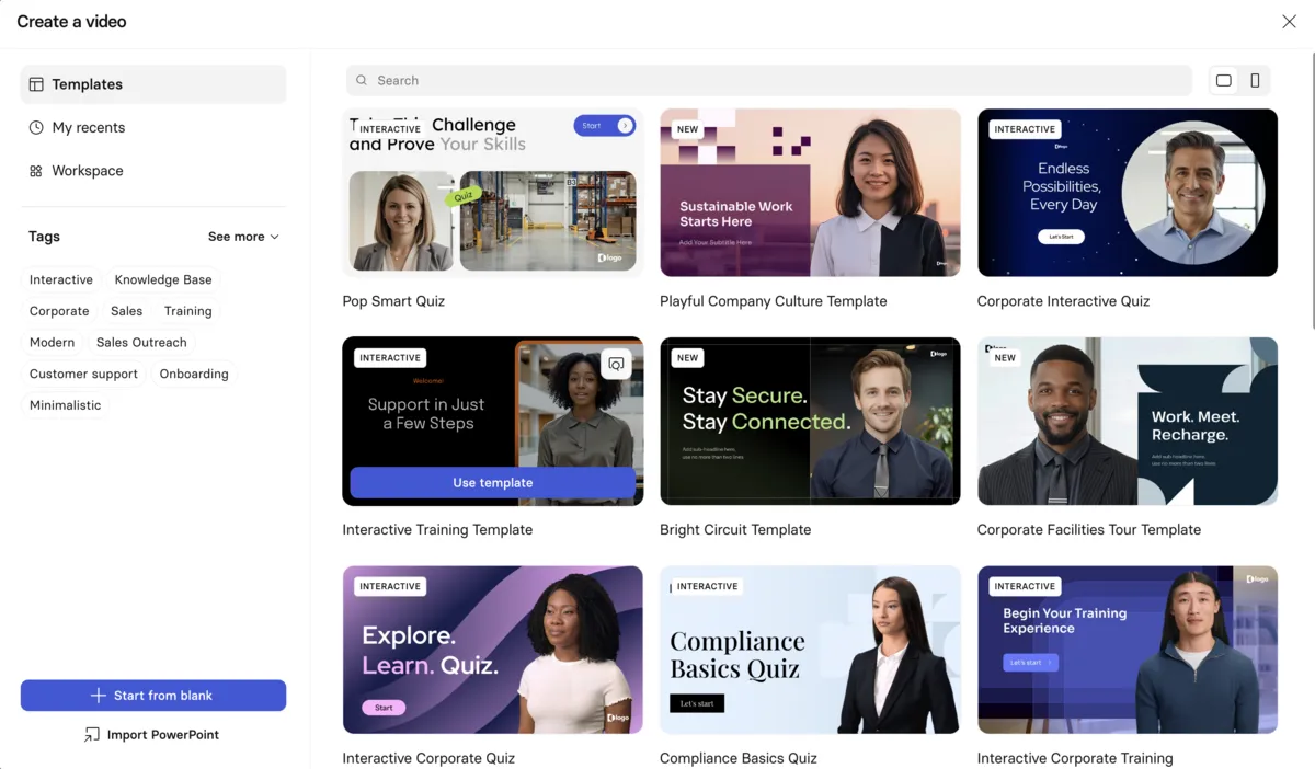 Synthesia template gallery showing interactive training, corporate culture, and compliance quiz templates