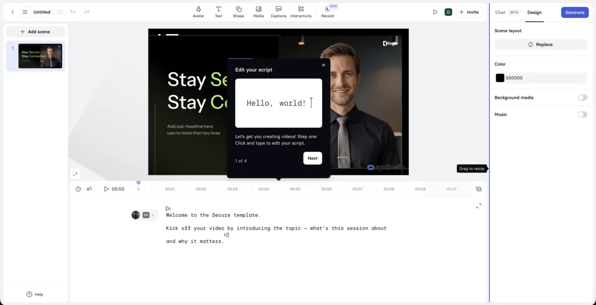 Synthesia video editor with avatar, script editing panel, timeline, and design controls