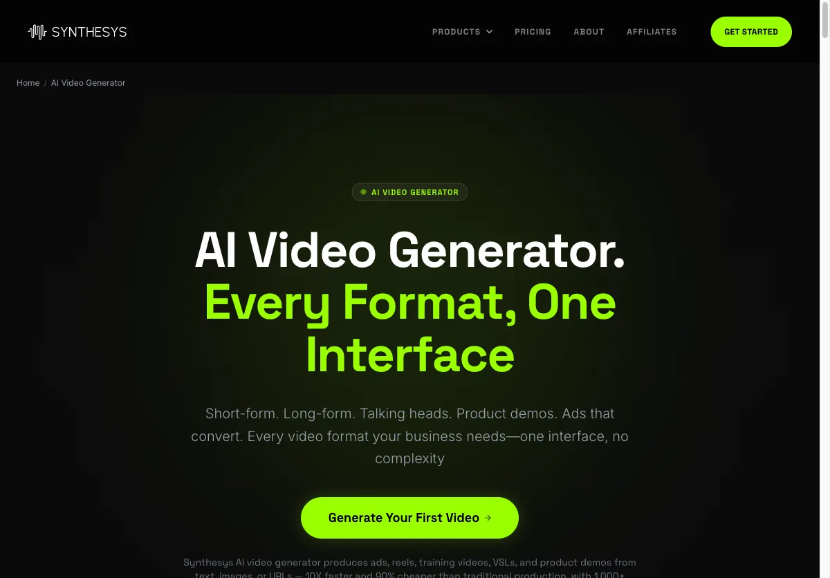 Synthesys AI Video Generator landing page showing format categories for ads, reels, training videos, and product demos