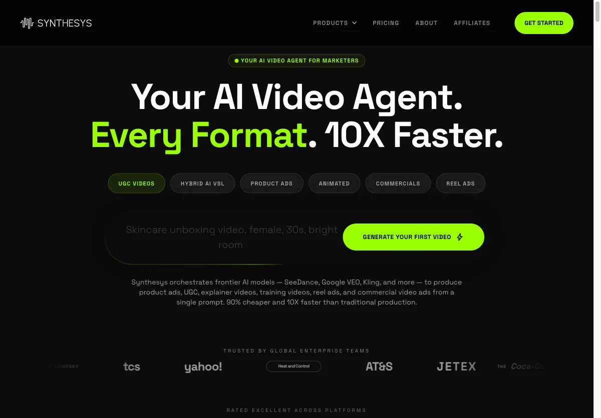 Synthesys homepage showing the AI video agent headline and format categories including UGC, product, and commercial video