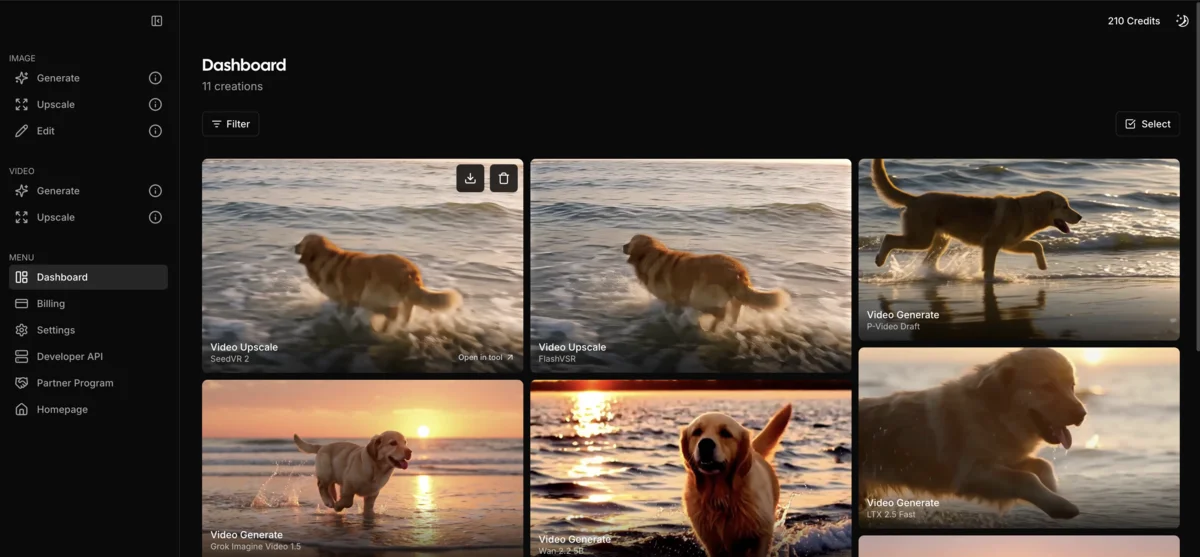 Dashboard di Upsampler dopo l'accesso con strumenti immagine e video nella sidebar e il saldo crediti