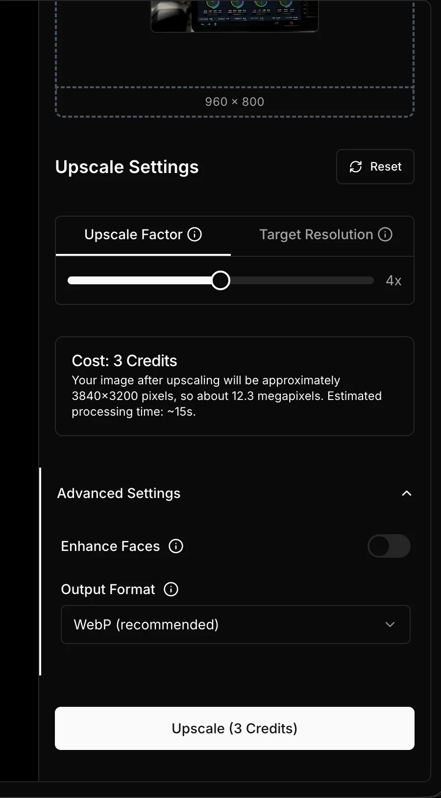 Pannello impostazioni upscale di Upsampler con fattore 4x e stima costo di 3 crediti