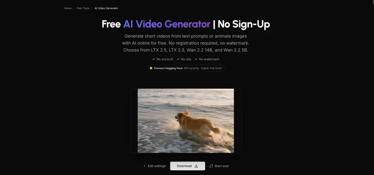 Upsampler's free no-signup AI video generator showing a finished LTX 2.5 clip with Download