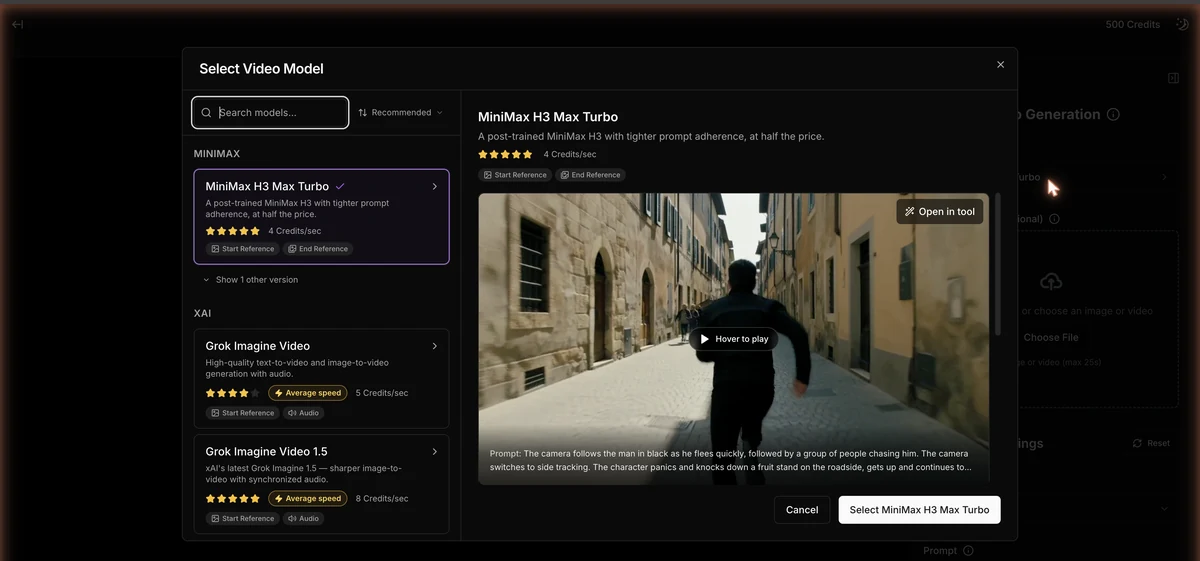 Upsampler's Select Video Model dialog showing search, credits per second, ratings and speed tags