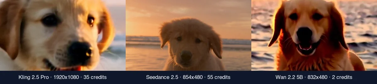 Same 400 by 225 pixel window from the Kling 2.5 Pro, Seedance 2.5 and Wan 2.2 5B test clips at 1:1, showing the resolution gap