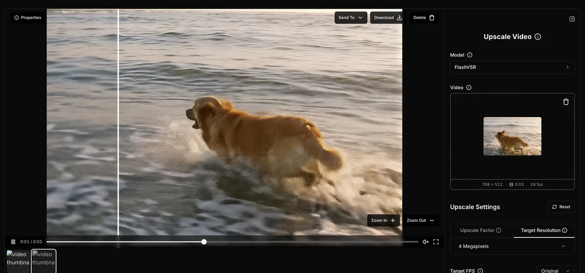 Upsampler video upscaler result view with the before/after slider on a FlashVSR upscale