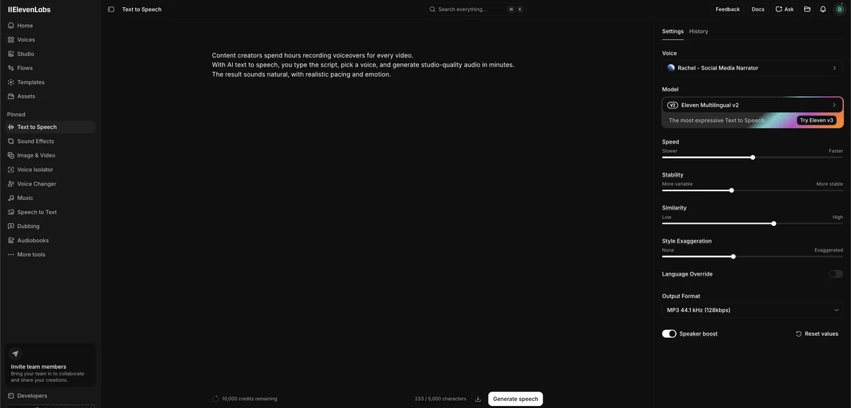 Pannello impostazioni text-to-speech di ElevenLabs con gli slider Speed, Stability, Similarity e Style Exaggeration e il formato di uscita MP3