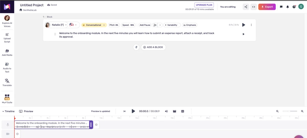 Barra degli strumenti di un blocco in Murf Studio con la voce, lo stile Conversational, Pitch 0%, Speed -10%, Add Pause, Variability ed Emphasis
