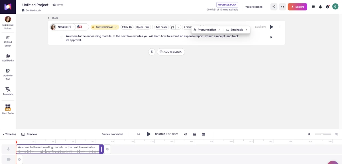 Editor di Murf Studio con la parola receipt evidenziata e il popover Pronunciation ed Emphasis sopra di essa