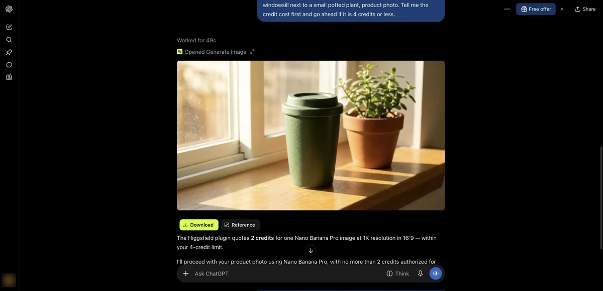 ChatGPT showing a Higgsfield image of a mug on a sunny windowsill