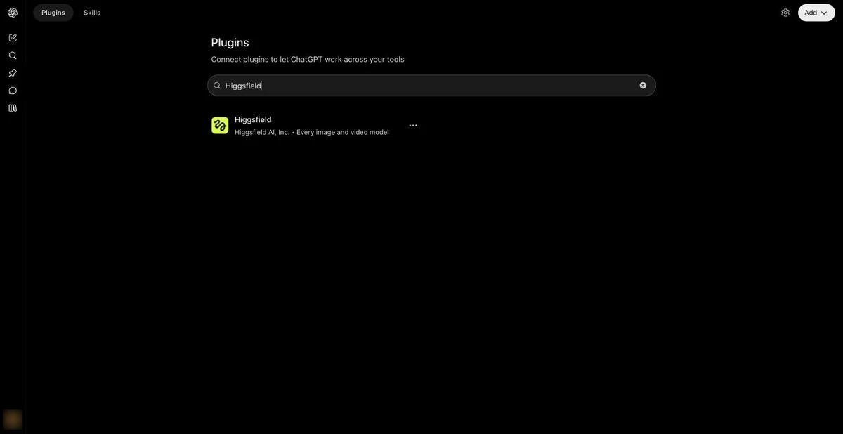 ChatGPT Plugins Directory search showing the Higgsfield plugin by Higgsfield AI